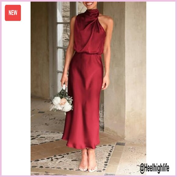 Satin Maxi Dress Sleeveless Mock Neck Formal Cocktail Party - Picture 6 of 8